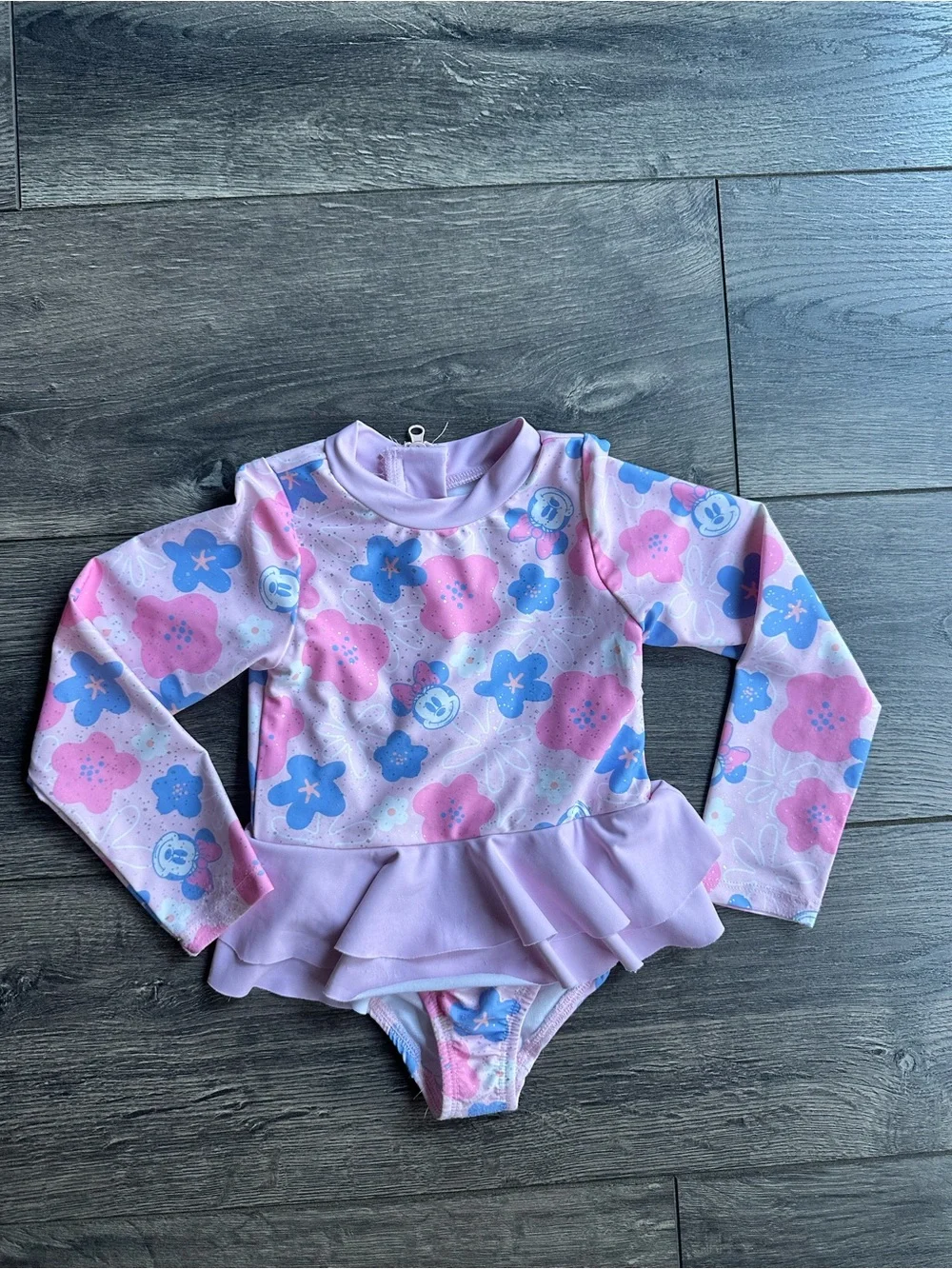 Disney Pink and Blue Floral Long-Sleeve One-Piece Swimsuit with Ruffle